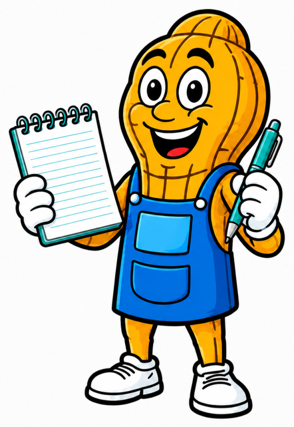 Golden Peanut's Detail mascot with a notepad