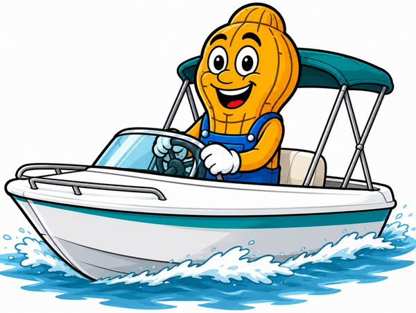 Golden Peanut's Detail mascot driving a boat