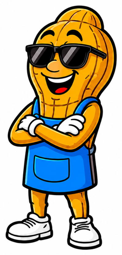 Golden Peanut's Detail mascot, arms crossed and confident