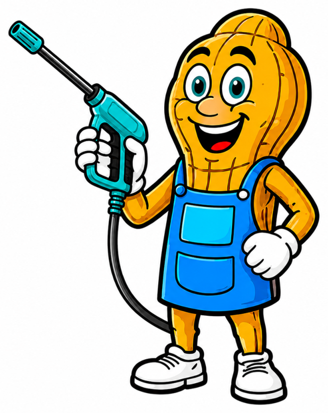 Golden Peanut's Detail mascot with a pressure washer