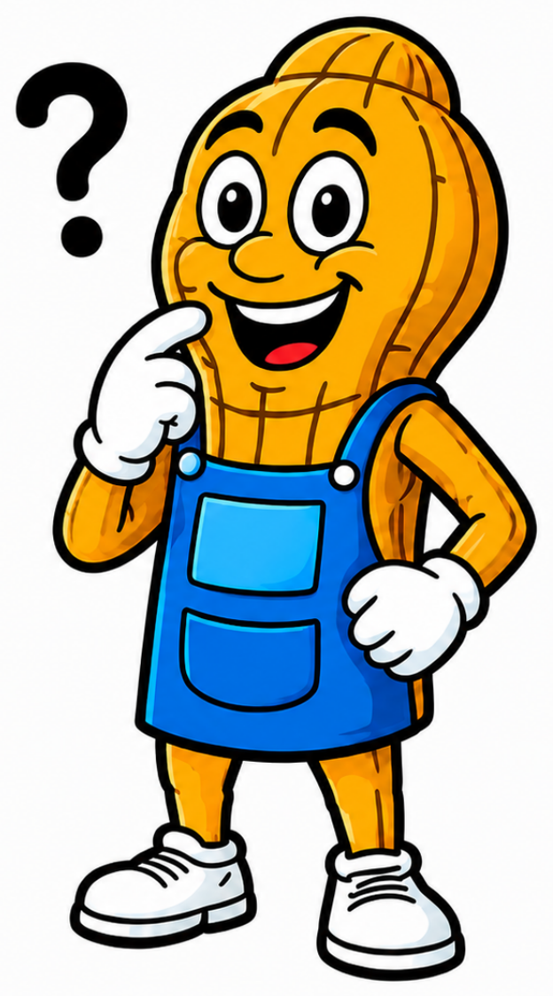 Golden Peanut's Detail mascot thinking with a question mark