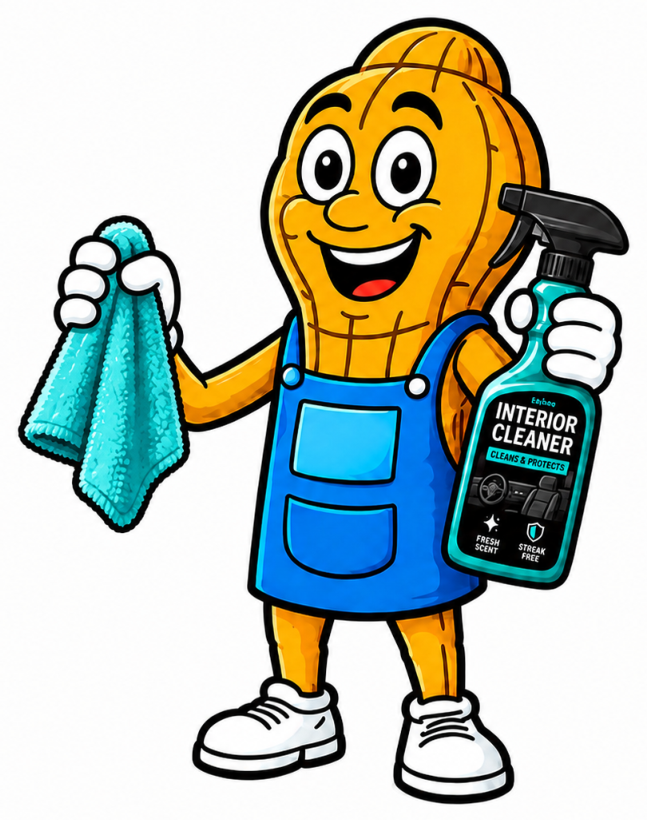 Golden Peanut's Detail mascot with an interior cleaning cloth and spray