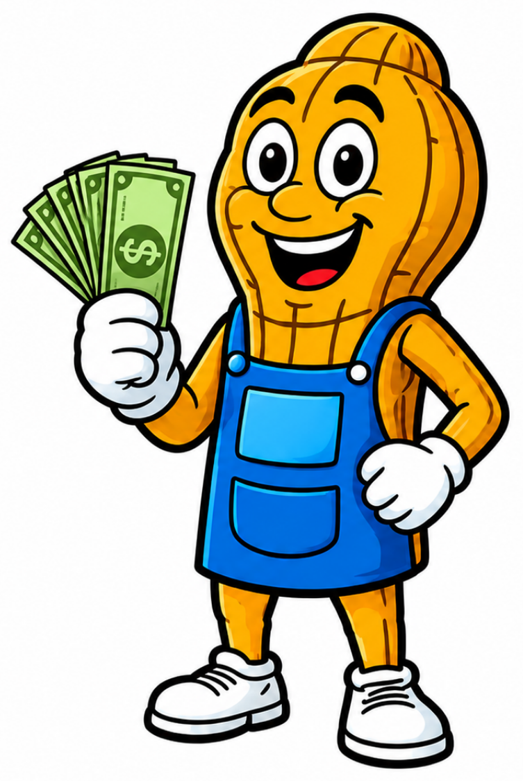 Golden Peanut's Detail mascot holding cash