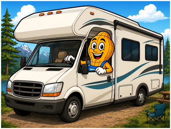 Golden Peanut's Detail mascot driving an RV